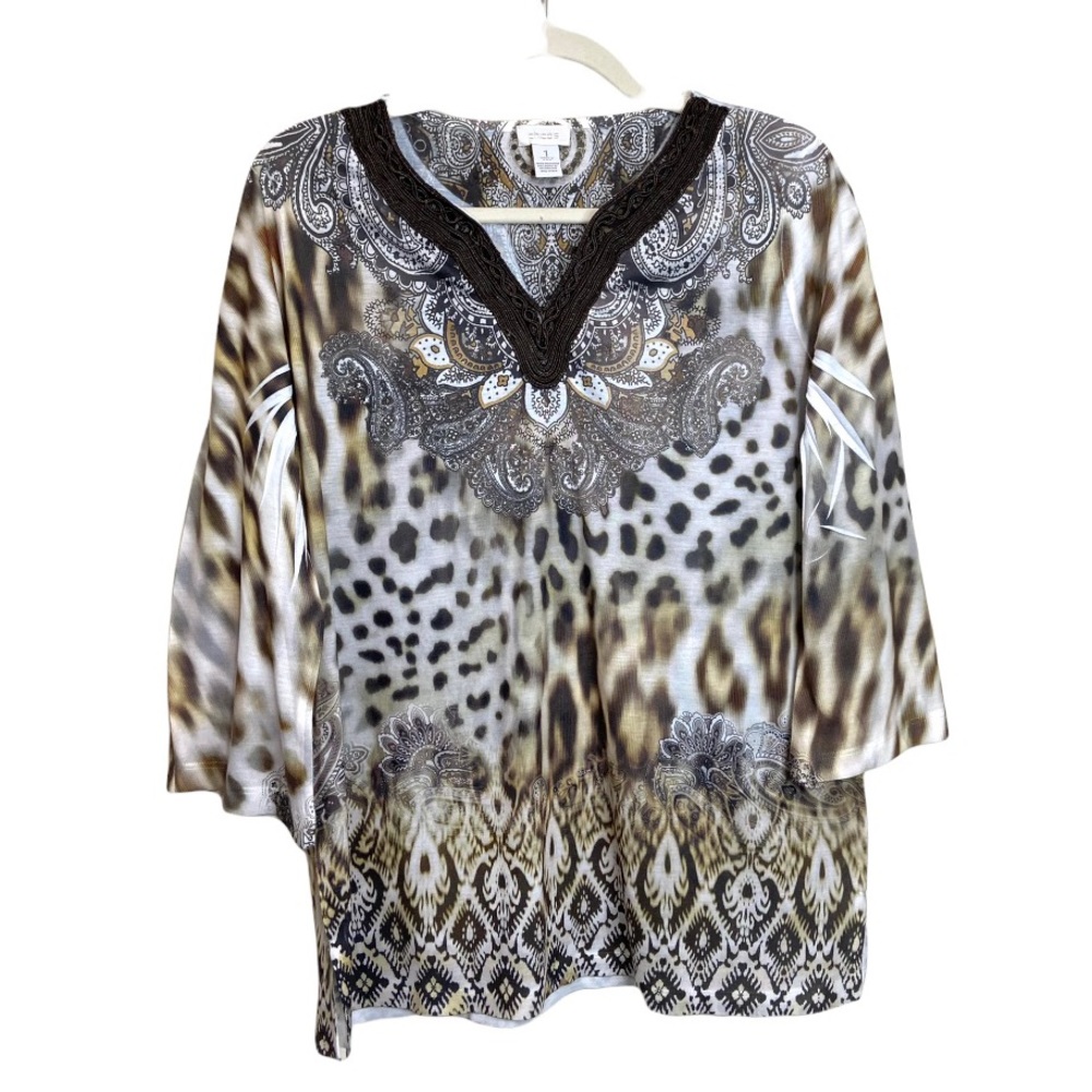 Chico's Women's Size Medium Multi Print Top Blouse Embroidery Neck Detail